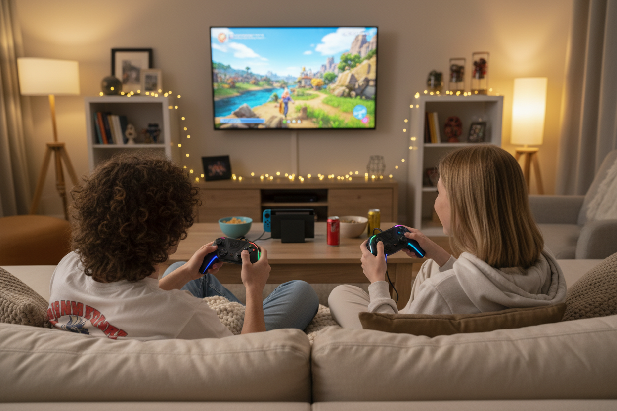 Two friends sitting on a couch playing Nintendo Switch together on a big screen TV holding PowerA Spectra wired controllers with colorful LED lighting