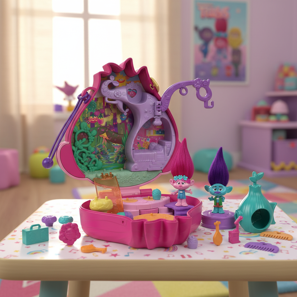 Polly Pocket x DreamWorks Trolls Poppy compact fully open on a child's play table with Poppy and Branch micro dolls and all 13 accessories arranged around the forest scene – More4less Outlet