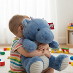 Child hugging Russ Jazwares 17 inch Blue Dragon Dinosaur Plush in bright playroom - More4less Outlet