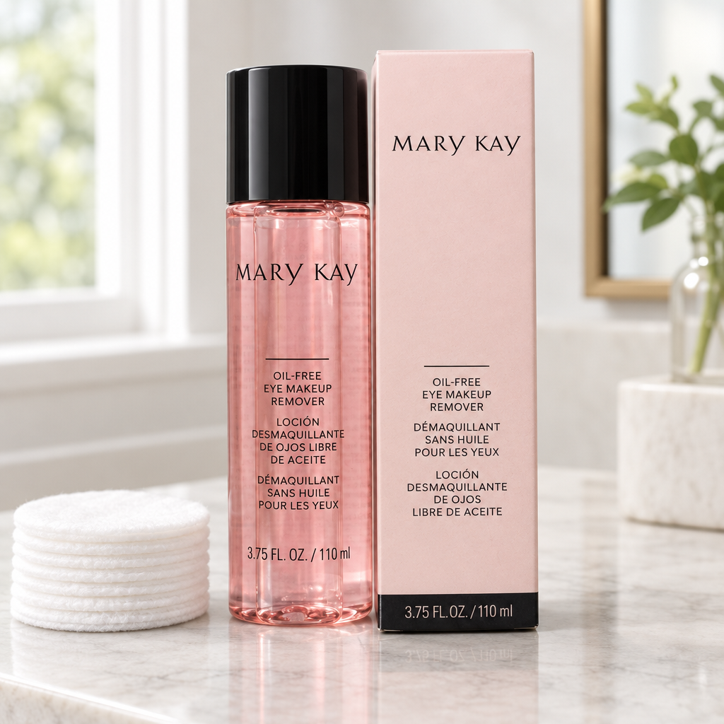 Mary Kay Oil-Free Eye Makeup Remover bottle and retail box beside white cotton pads on a vanity