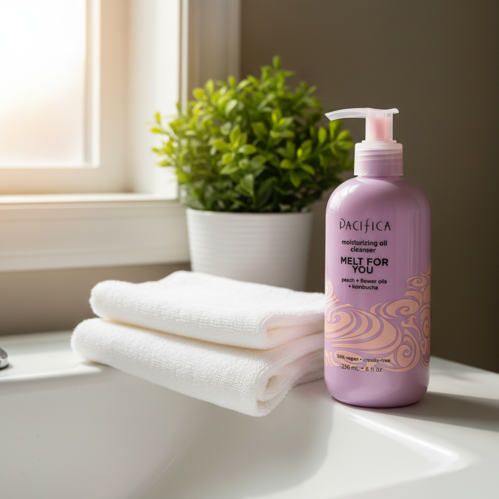 Pacifica Melt For You Oil Cleanser lavender-pink pump bottle in morning bathroom routine scene with white washcloth and green plant