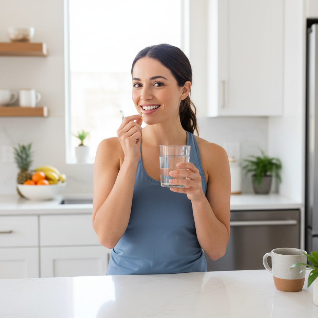 Woman smiling and taking a fish oil softgel supplement with a glass of water in a bright kitchen