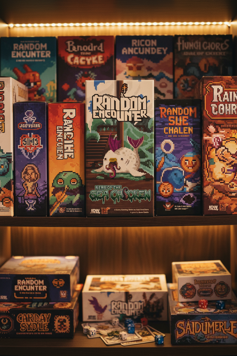 Random Encounter Seas of the Sea Chicken card game on indie board game collector shelf with warm tabletop gaming display — More4less Outlet