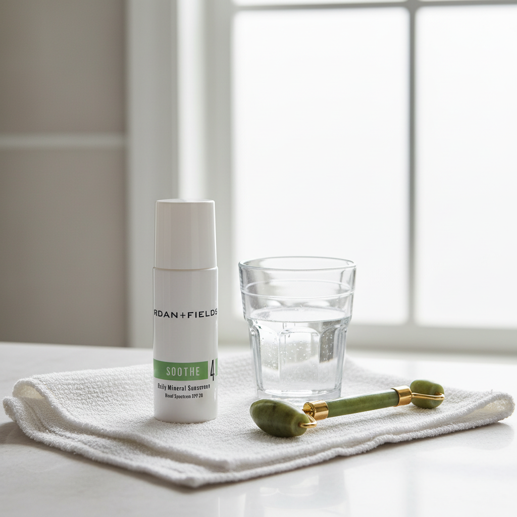 Rodan + Fields SOOTHE Daily Mineral Sunscreen SPF 30 flatlay on white linen with jade roller.
