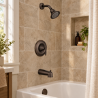 AI-styled lifestyle rendering of the Moen Eva oil-rubbed bronze trim kit installed in a bathroom