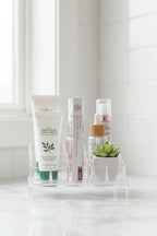 Arbonne Matte and Shine Lip Duo Bloom on acrylic cosmetic organizer stand beauty lifestyle