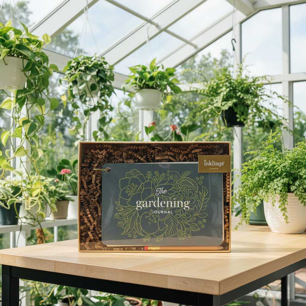 Inklings Paperie Gardening Journal gift set inside bright modern conservatory next to flourishing hanging pothos and ferns