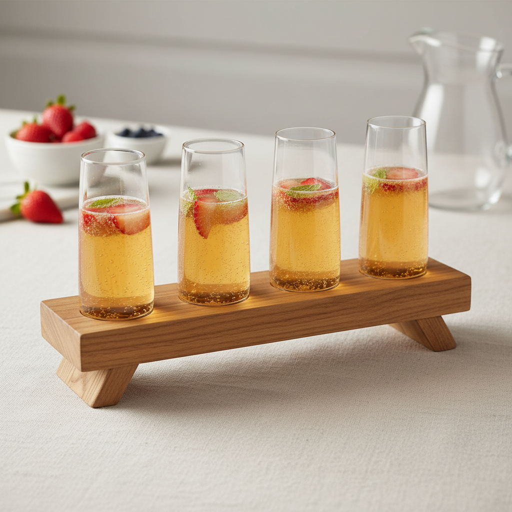 AI-generated lifestyle image of a Mason Craft and More mimosa set with exactly four tall clear champagne glasses on one wood tray at a modest celebration table.