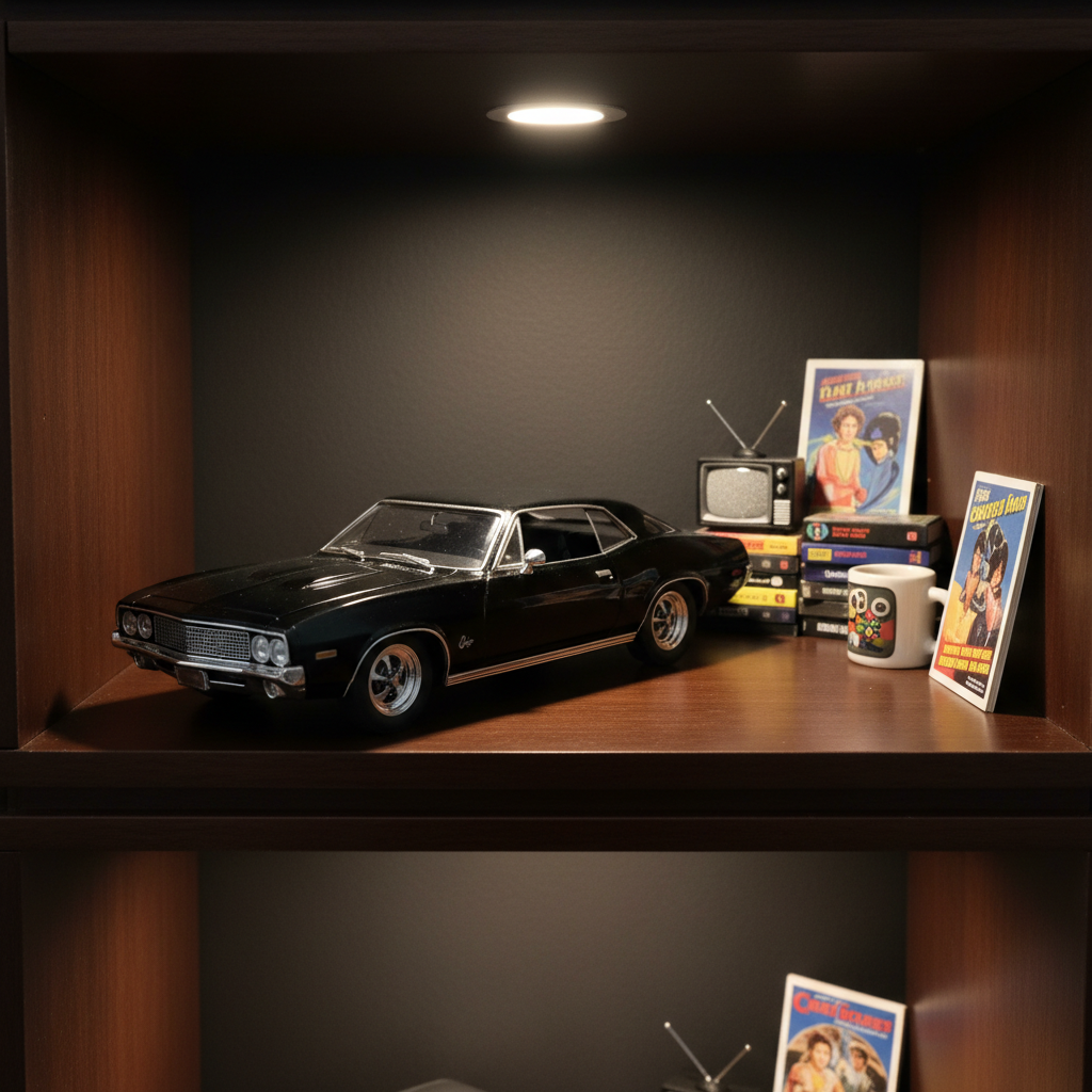 Completed 1/32 scale black plastic model car with chrome accents on dark collector shelf next to vintage TV memorabilia dramatic studio lighting