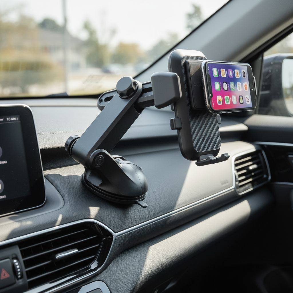 CARBONX Quick-Lock Telescoping Phone Holder unboxed and mounted on contemporary car dashboard in photorealistic car interior during daylight with smartphone in cradle