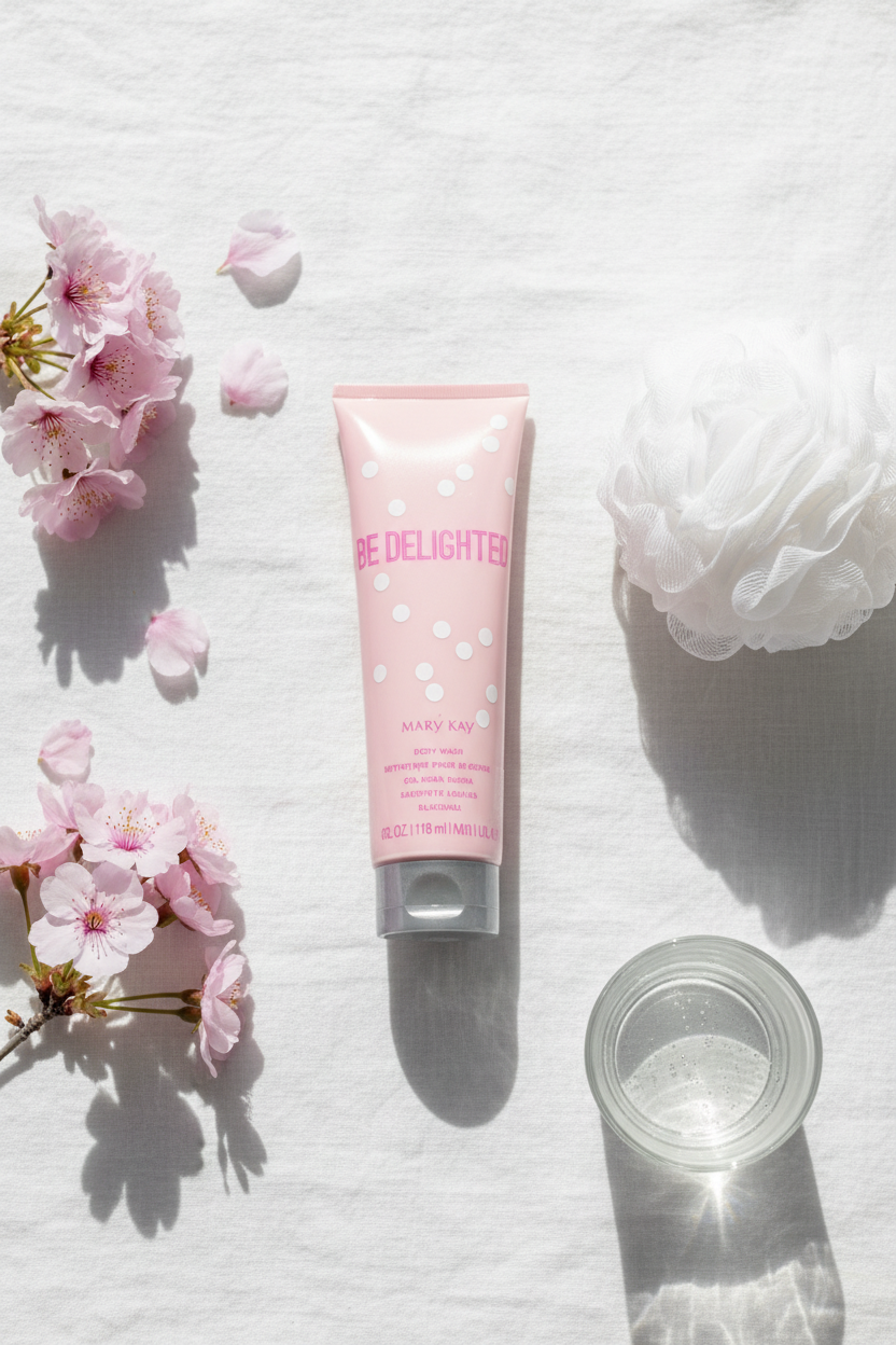 Mary Kay Be Delighted Body Wash 4 fl oz flat lay on white linen with pink flowers and loofah – More4less Outlet