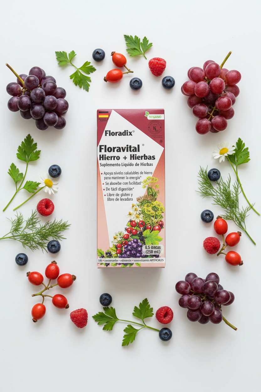 Salus Floradix Floravital Liquid Iron and Herbs 250ml box flat lay with fresh berries, grapes, rose hips, and green herbs on a white surface – More4less Outlet