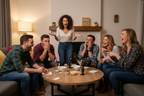 Adults laughing and playing The Game of Nasty Things at a fun game night