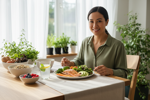 Person enjoying a healthy meal at bright dining table with fresh vegetables and whole foods