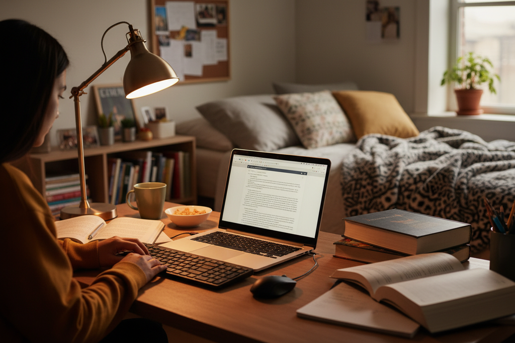 Student studying at desk with Techellent Wireless Keyboard and Mouse Combo connected to laptop – More4less Outlet