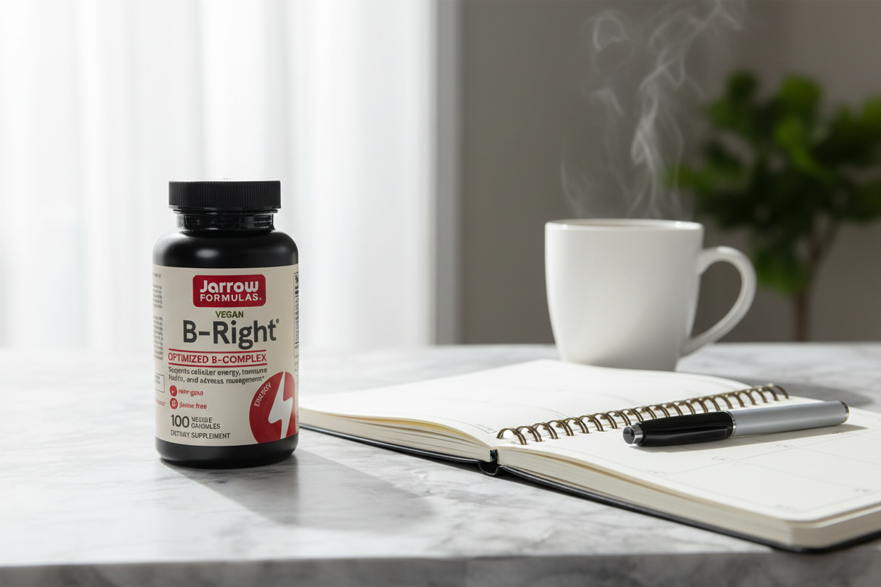 Jarrow Formulas B-Right B-Complex bottle on marble desk with planner and coffee – More4less Outlet