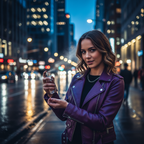 Lifestyle — confident young woman in purple leather jacket spritzing perfume on wrist in urban nighttime setting with bokeh city lights — editorial for visual context only