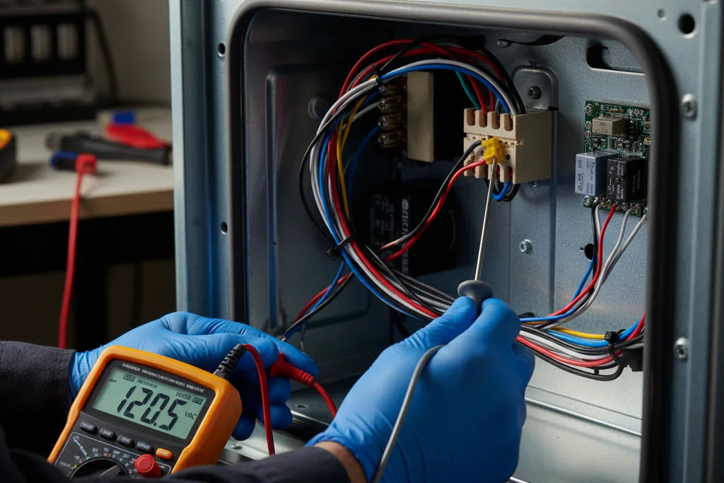 Technician checking electrical oven wiring inside appliance cabinet