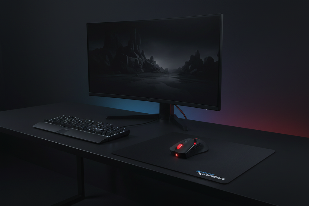 Clean minimalist dark gaming workstation with Corsair Raptor M3 mouse on ROCCAT Kanga mousepad alongside mechanical keyboard and monitor