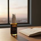 Quicksilver Scientific Liposomal Vitamin C pump bottle on wooden workstation desk alongside open leather health-tracker journal with morning sunrise in background