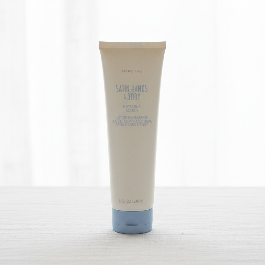 Mary Kay Satin Hands & Body Hydrating Lotion on white linen surface with soft window light minimalist beauty – More4less Outlet