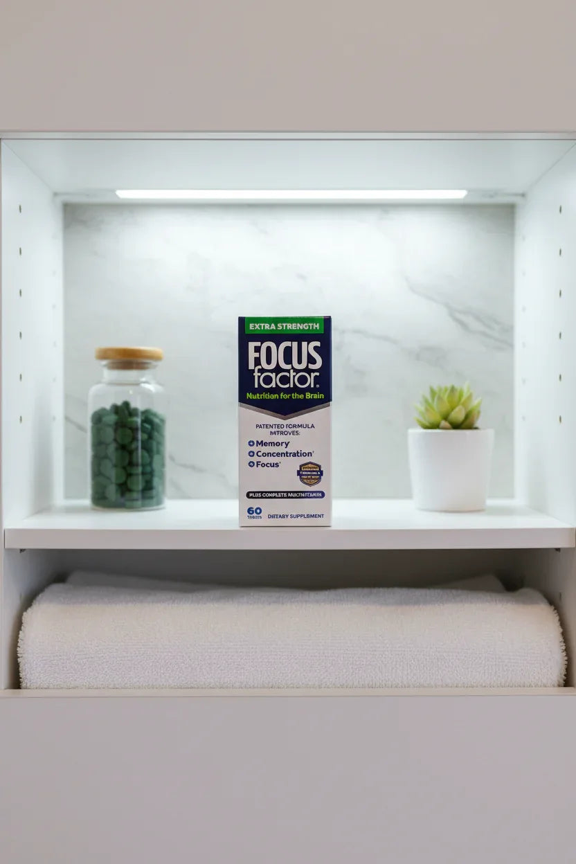 Focus Factor Extra Strength box on minimalist medicine cabinet shelf white lighting