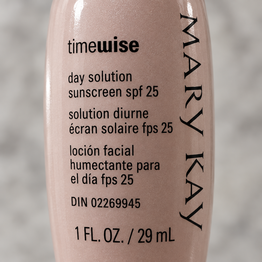 Macro close-up of the Mary Kay TimeWise Day Solution Sunscreen SPF 25 label. At least one real product photo taken by Chad is included in the gallery. Remaining images are AI-generated lifestyle photos for visual context only. Minor label or packaging variation may occur between matching stocked units.