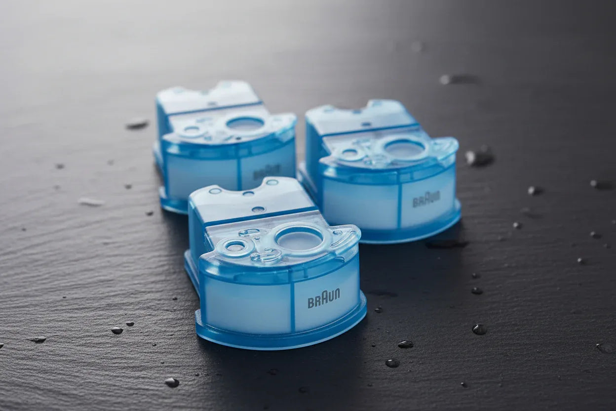 Macro focused tabletop shot of blue electric shaver cleaning refill cartridges on dark stone background