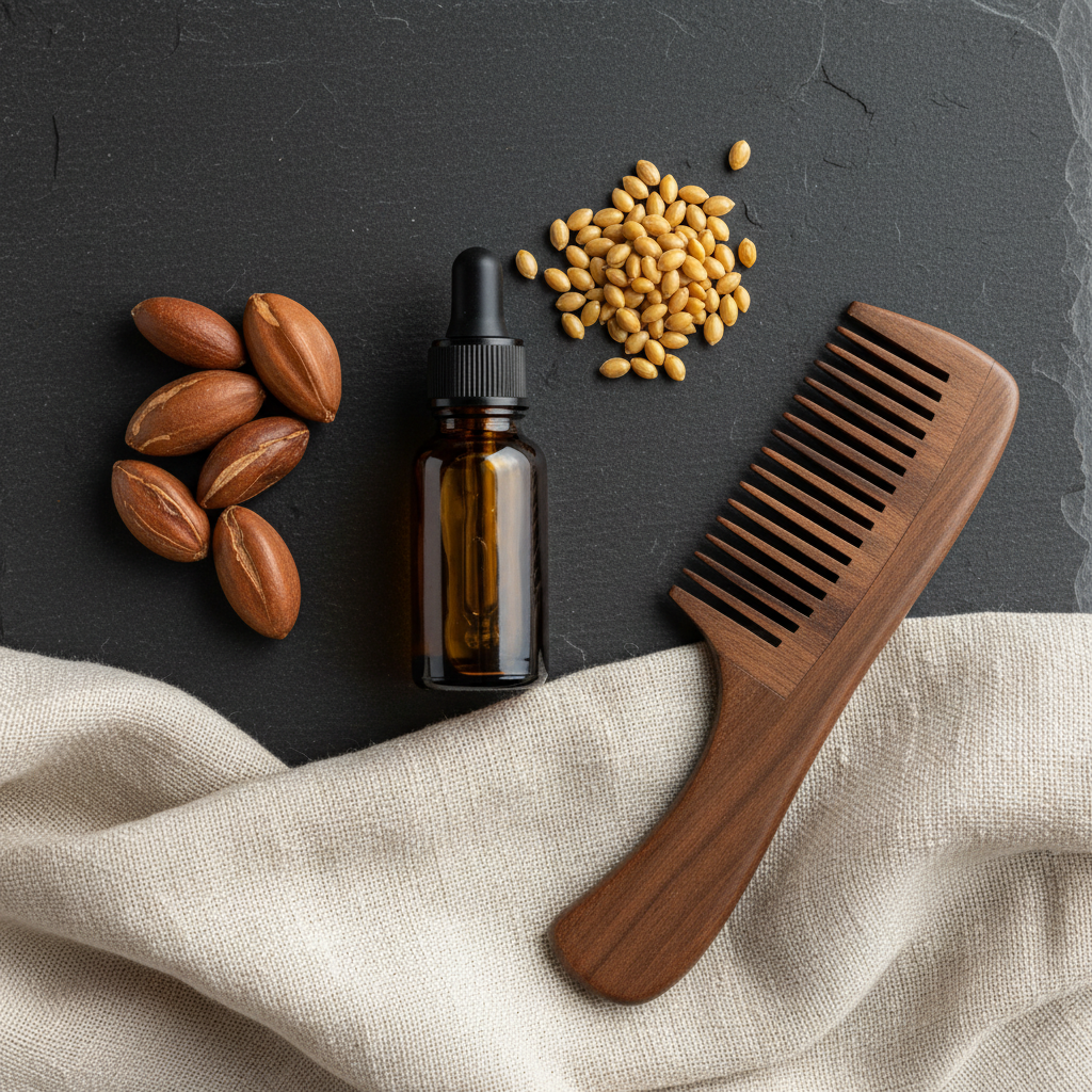 Flat lay of men's beard grooming essentials with argan nuts, jojoba seeds and wooden comb on slate