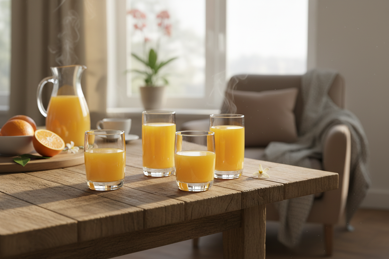 Four clear glass tumblers arranged on rustic wooden breakfast table with fresh orange juice and morning light