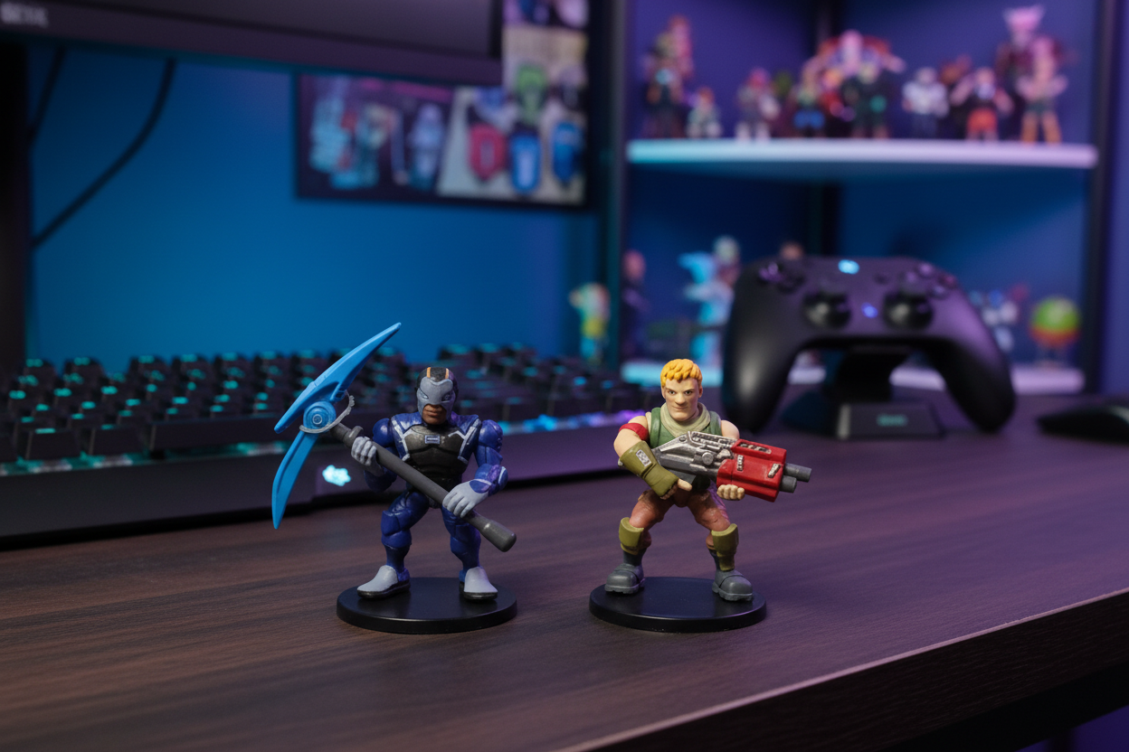 Fortnite Battle Royale Collection Sergeant Jonesy and Carbide 2-inch mini figures on display stands on gaming desk with keyboard and controller