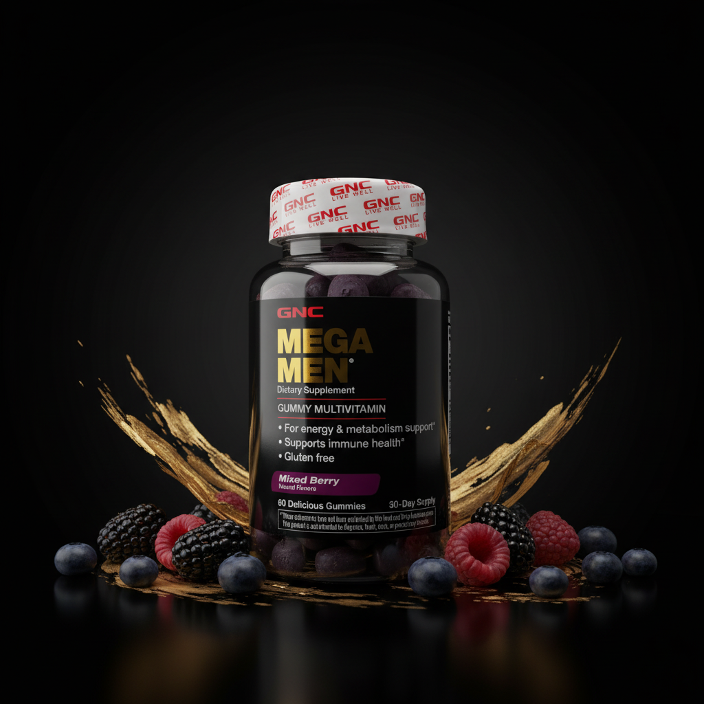 GNC Mega Men Gummy Multivitamin black editorial with mixed berries and gold accents – More4less Outlet