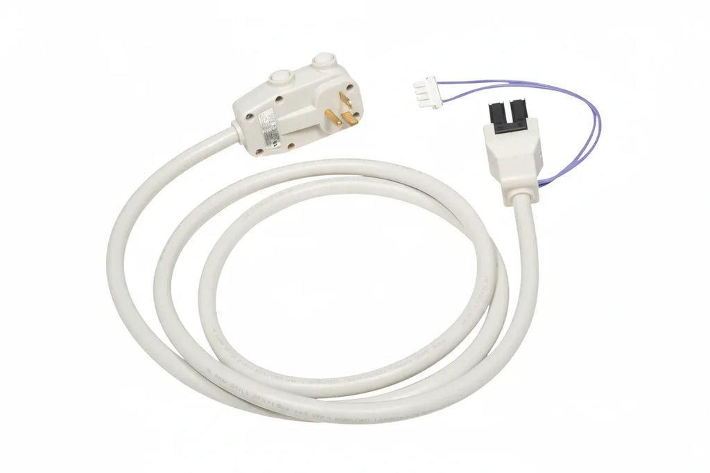 Macro studio shot of GE RAK320P heavy-duty white electrical wiring kit with NEMA plug and proprietary connector