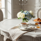 Luxury French porcelain tea saucer on elegant dining table, morning tea setting with bright airy atmosphere