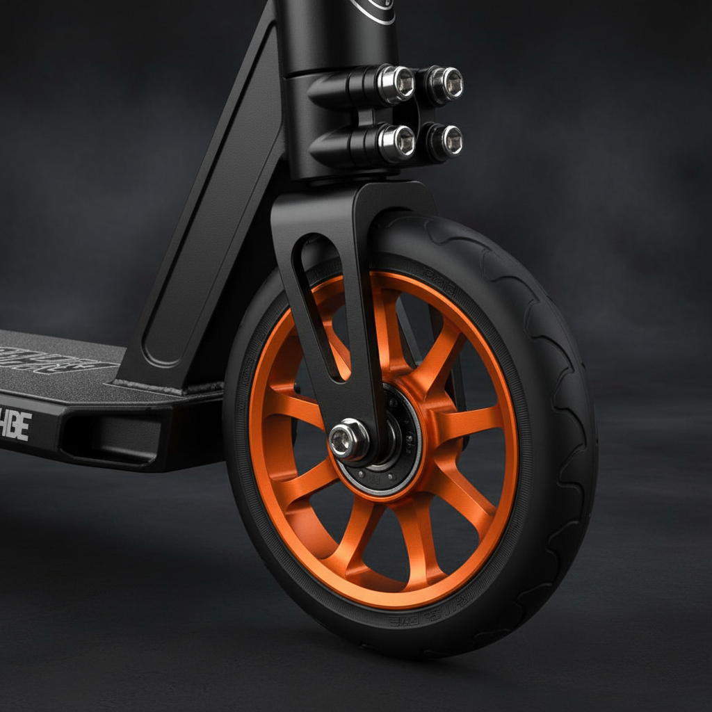 Close-up of 202mm orange scooter wheel with ABEC 7 bearings and anodized clamp hardware — Mongoose Force 4.0 — More4less Outlet