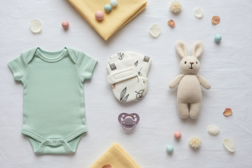 Goumi Kids organic baby mitts flat lay with newborn essentials on white surface – More4less Outlet