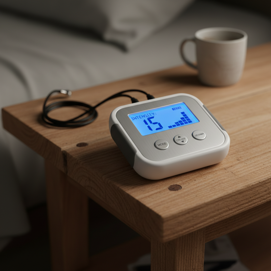 Handheld digital TENS unit on wooden bedside table showing LCD screen with intensity levels