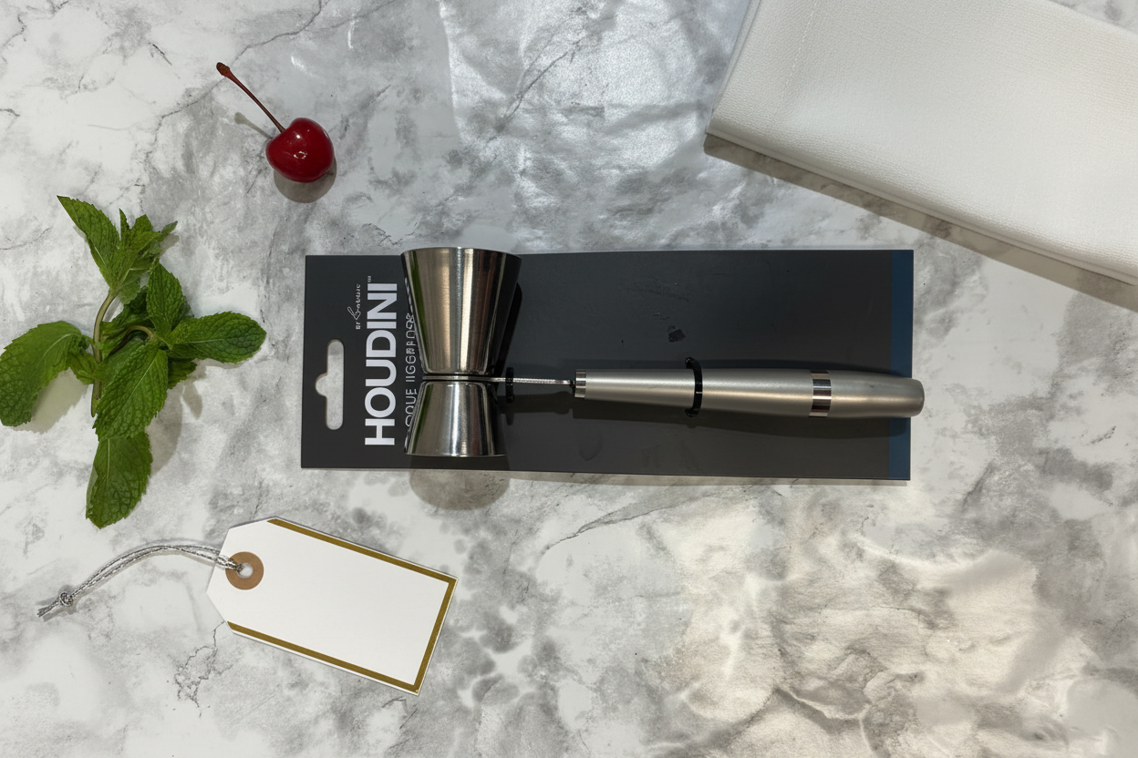 Houdini Double Jigger gift flatlay on white marble with cocktail napkin mint sprig and cherry - More4less Outlet