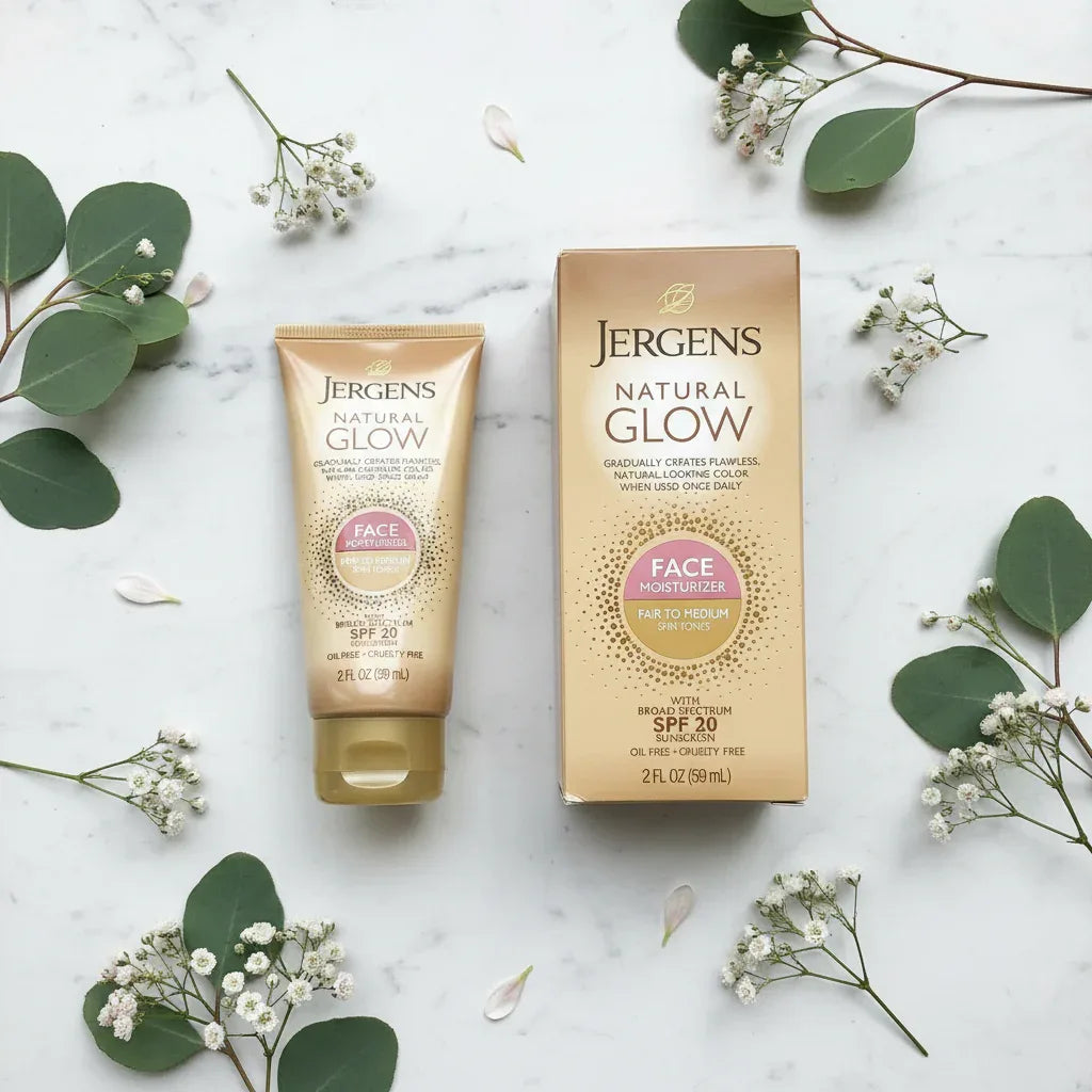 Overhead flat lay of Jergens Natural Glow gold gradual tanning face lotion tube and box beside fresh botanicals on white marble