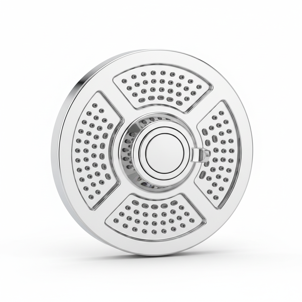 Close-up pivot head shower head face plate showing multiple spray nozzle settings sharp product detail shot clean white background studio lighting