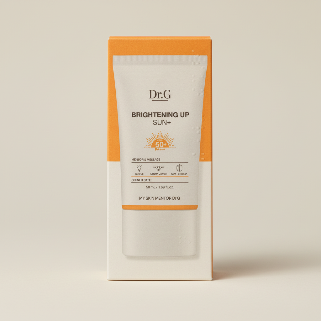 AI-generated close detail image of Dr.G Brightening Up Sun+ SPF50+ PA+++ 50 mL retail box against a light neutral background