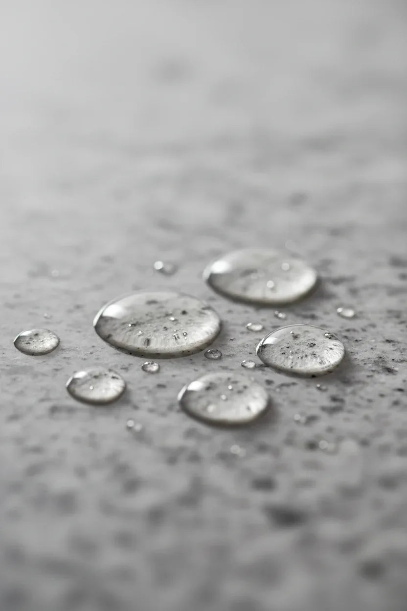 Clear droplets of a professional facial hydration serum on polished grey stone surface in soft diffused lighting