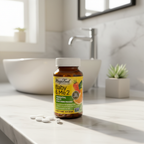Prenatal supplement amber glass bottle in bright minimalist bathroom with white marble aesthetic – More4less Outlet