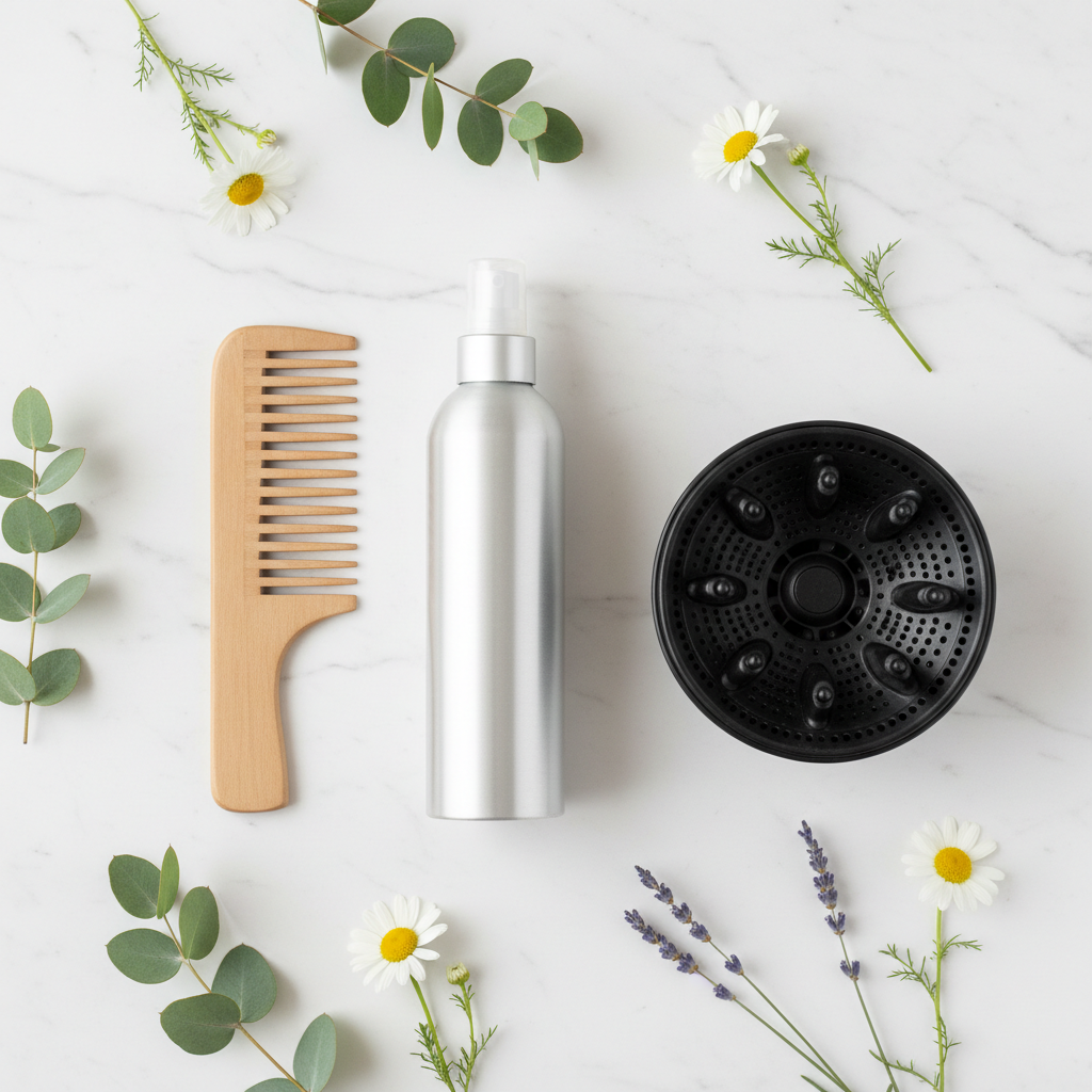 Flat lay of curly hair care products with diffuser and botanicals on white surface