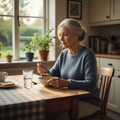 Older adult woman eating breakfast at kitchen table with water during morning wellness routine