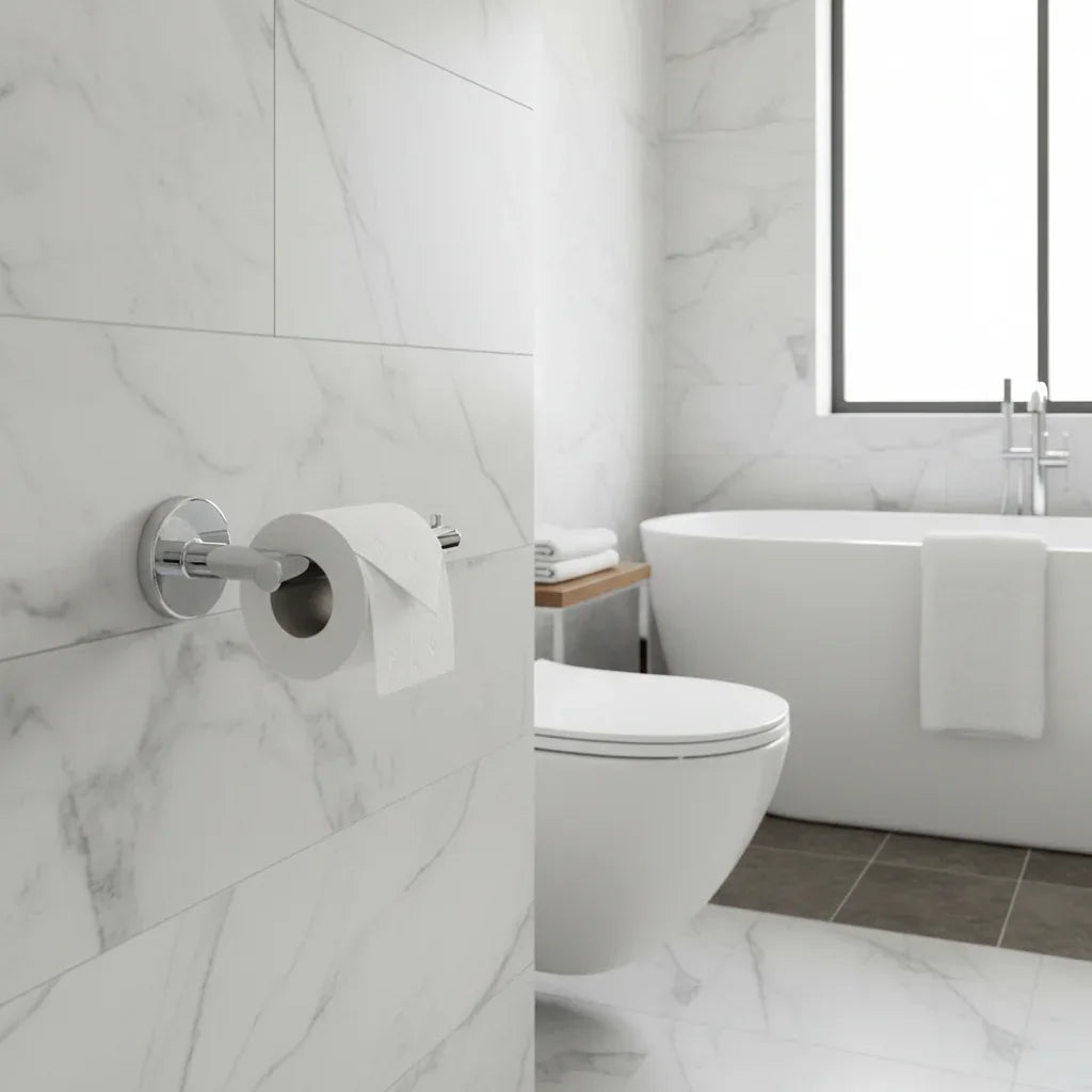 Luxury modern bathroom with Delta Trinsic polished chrome wall-mounted toilet paper holder on white marble tile