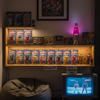 Collector display shelf filled with Power Rangers memorabilia and action figures in packaging — More4less Outlet