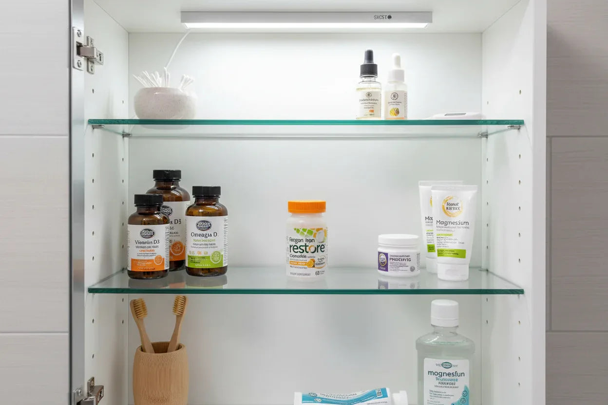 Bright medicine cabinet organized with wellness supplies featuring Fergon Iron Restore bottle