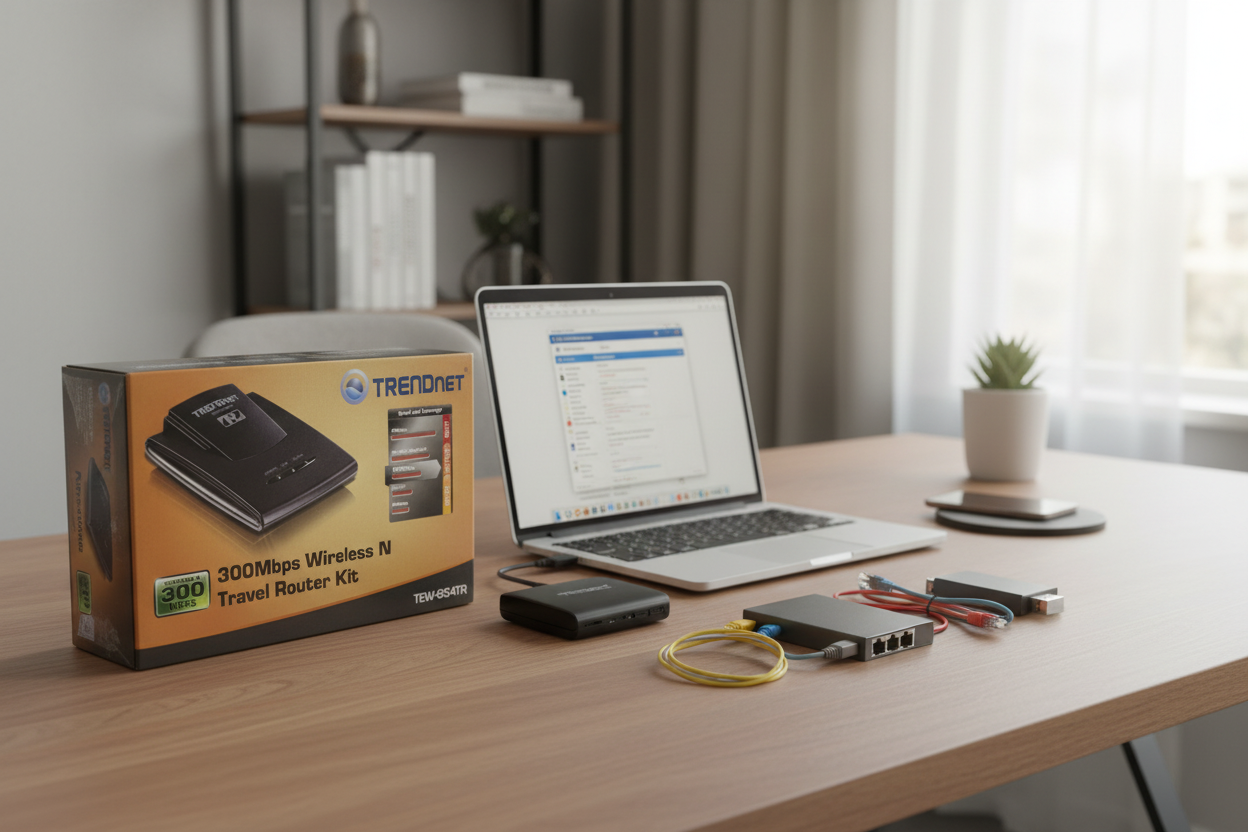 TRENDnet TEW-654TR 300Mbps Wireless N Travel Router Kit on home office desk with laptop and networking accessories – More4less Outlet