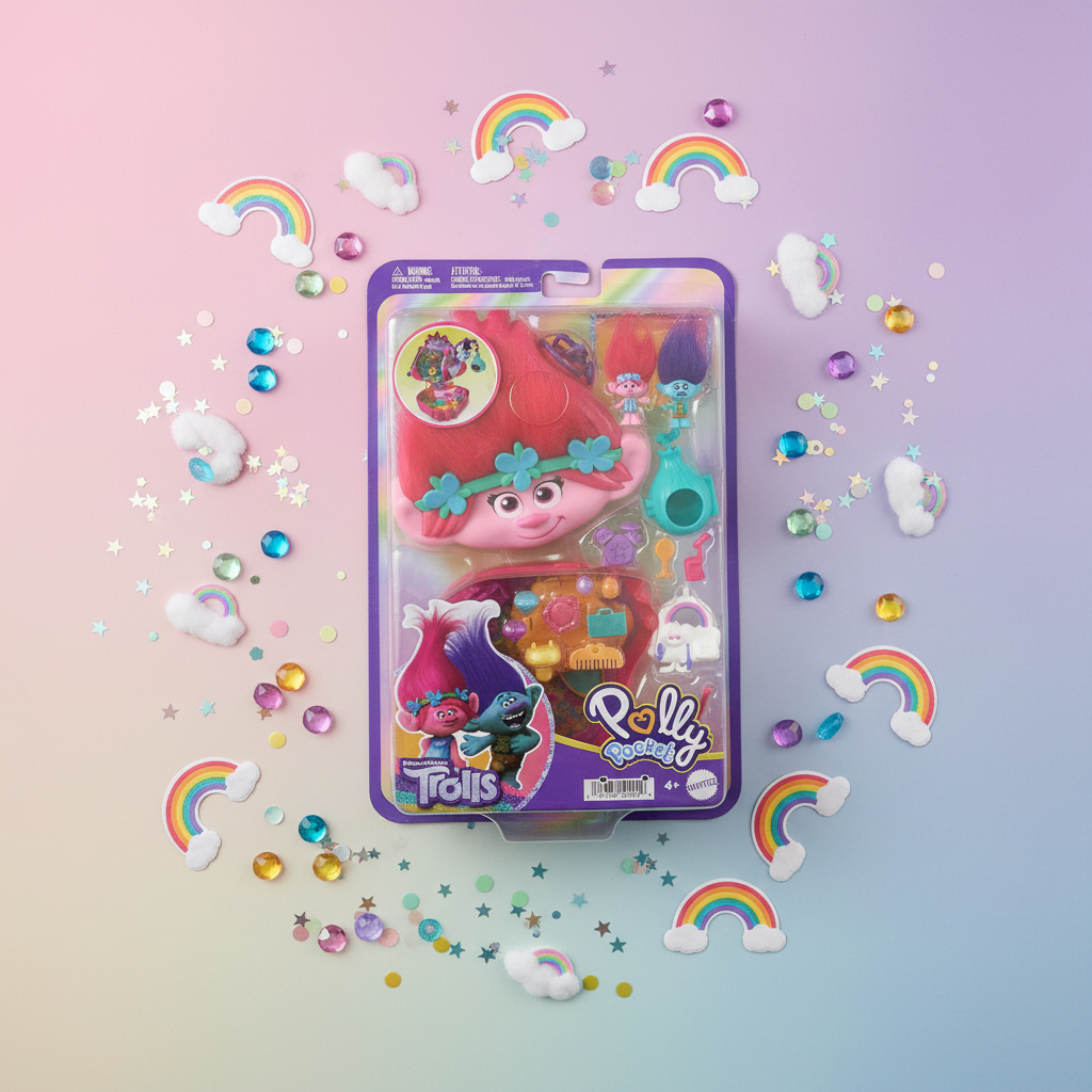 Polly Pocket x DreamWorks Trolls Poppy compact retail blister pack by Mattel on a pastel pink and purple flat lay with rainbow and star props – More4less Outlet